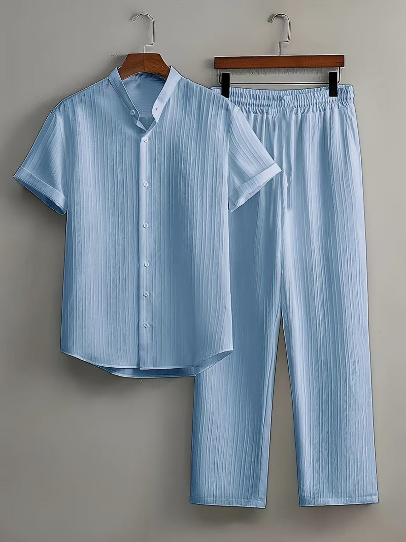 Men's Casual Multi-Color Beachwear Bamboo Wrinkled Short-Sleeved Suit Two-Piece Set