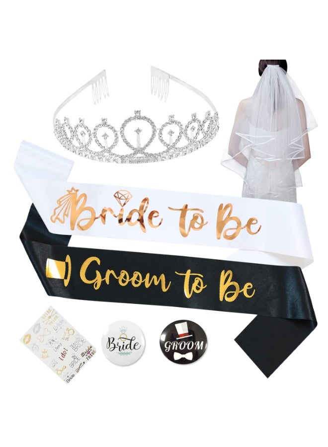 عروسة المستقبل، زينة حفل العروس، هدايا حفل العروس، شريط العروس، تاج، طرحة، وشوم مؤقتة، شارات طقم مكون من 7 قطع لمستلزمات حفل البكالوريوس وحفلات الزفاف، شريط العروس والعريس، هدايا للعروس - Image 1