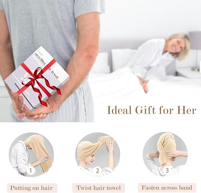 FREATECH 2Pack Large Microfibre Hair Towel Wrap 86 x 26 cm Thicken Super Absorbent Hair Turbans for Wet Hair Antifrizz Hair Drying Towel with Elastic Band for Women Long Thick Curly Plopping Hair