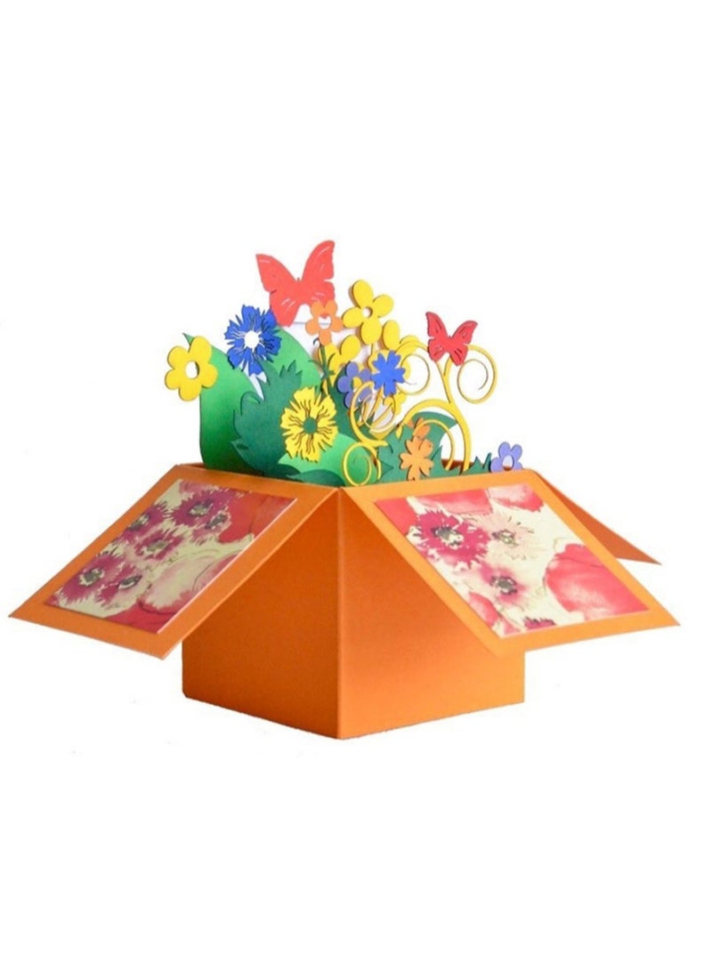 Wow Cards Orange Box-shaped Greeting Card with Flowers and Butterflies - Image 1