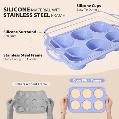 Vnray Jumbo Silicone Muffin Pan with Metal Frame, Non Stick Silicone Cupcake Pan with Handles 6 Cup, BPA Free Silicon Muffin Tin Tray Extra Large for baking, egg bites, Cupcake Mold Blue - Image 4