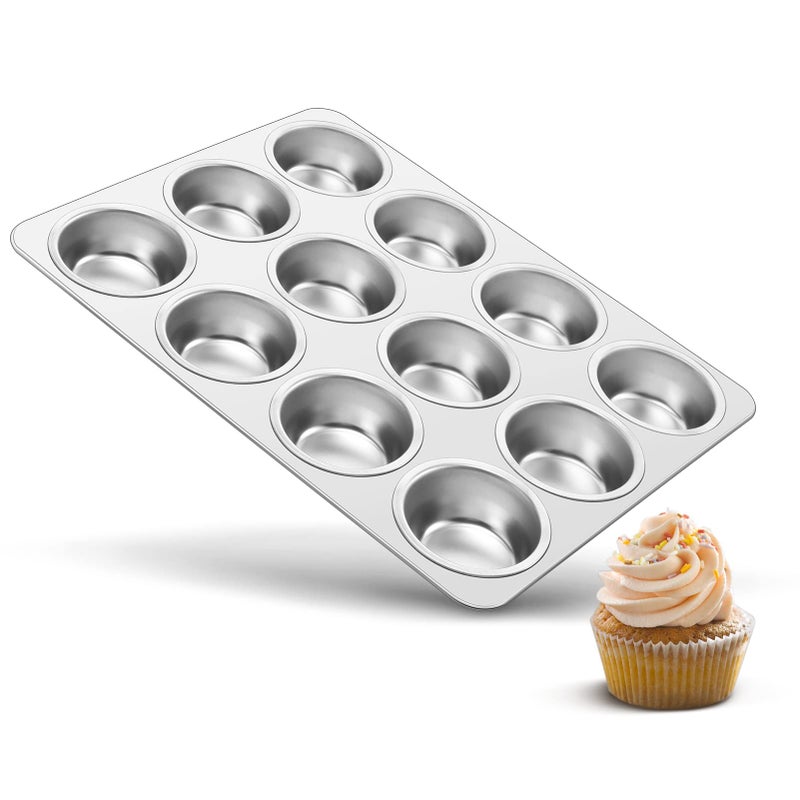 TeamFar 12Cup Muffin Pan Stainless Steel Muffin Tin Metal Cupcake Baking Pan for Oven Regular Size  Non Toxic Easy Clean  Dishwasher Safe