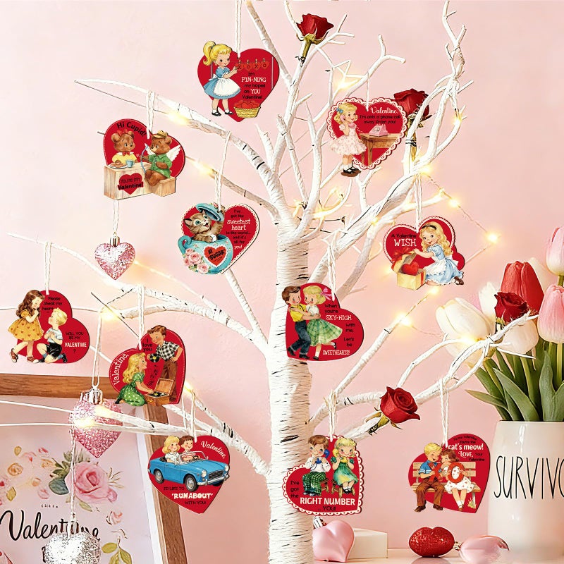 D4DREAM Vintage Valentine Ornaments for Tree Decorations - 12Pcs Wooden Heart Ornaments for Valentines Day Tree Decor Gifts for Her Him Class Exchange Anniversary Birthday Party Supplies Favors - Image 5