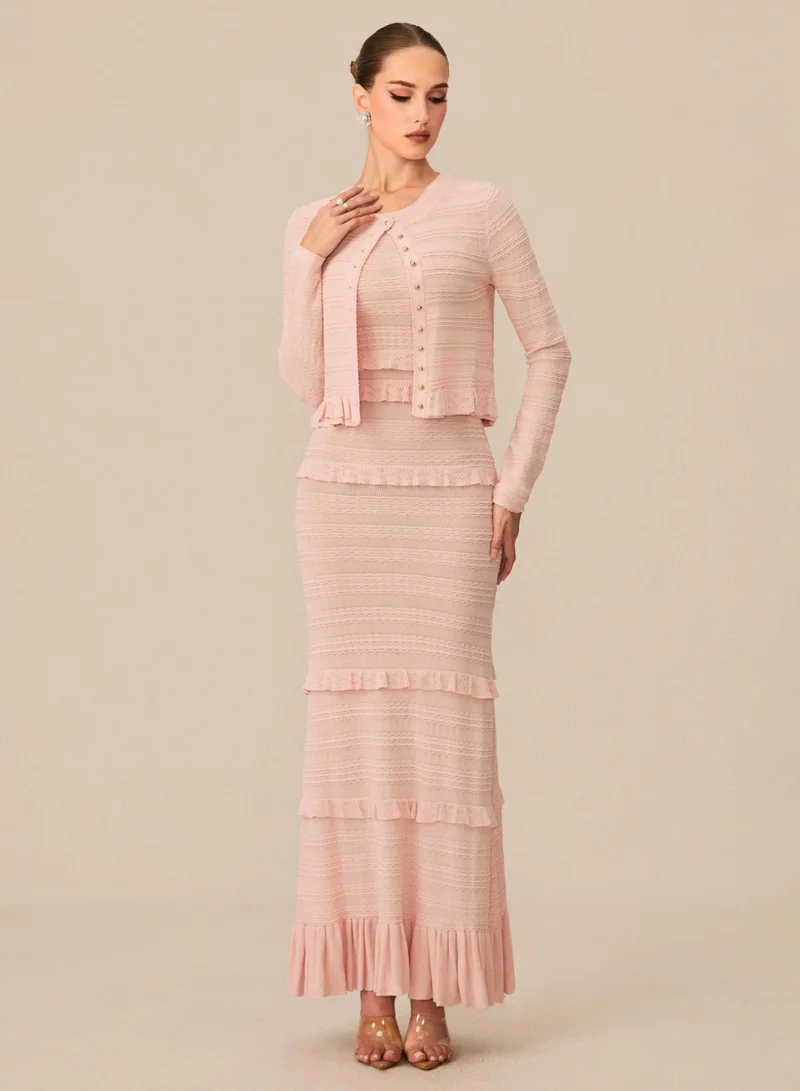 Sunfere Cute Simplicity Pink Textured Knit Maxi Dress & Cardigan Set