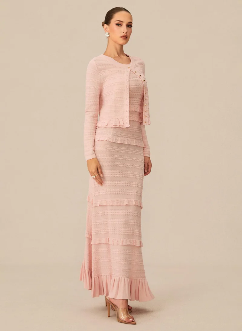 Sunfere Cute Simplicity Pink Textured Knit Maxi Dress & Cardigan Set