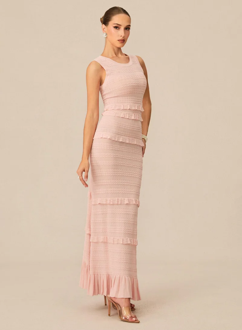 Sunfere  Cute Simplicity Pink Textured Knit Maxi Dress & Cardigan Set for Women | Best Price UAE