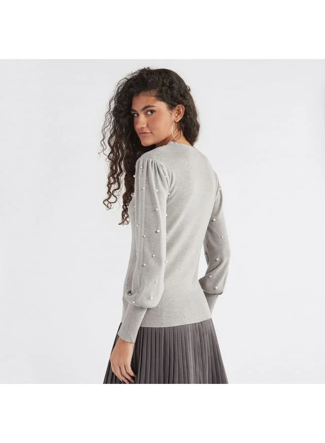 Splash FAV Pearl Embellished Sweater with Long Sleeves