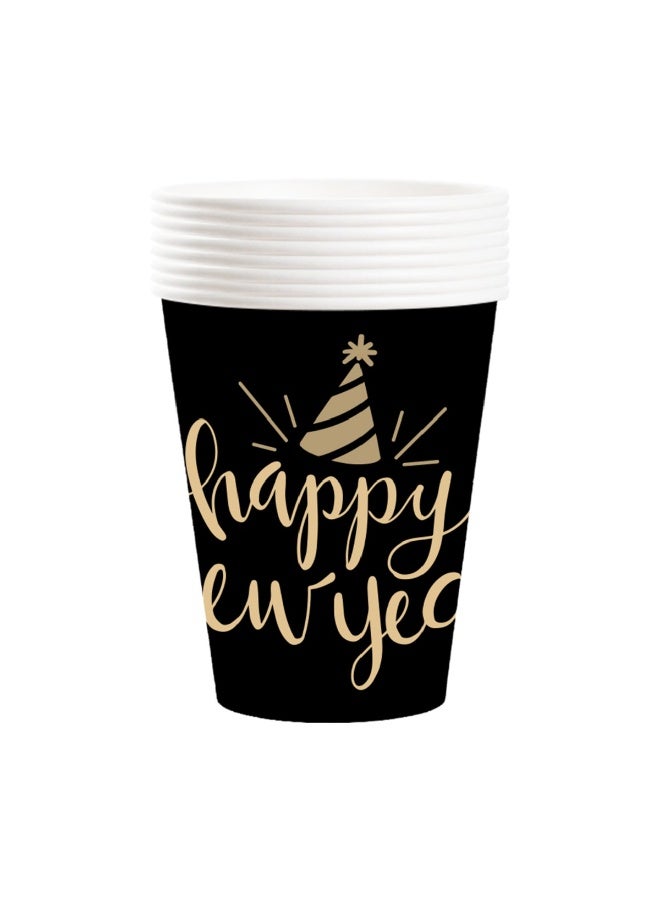 ThePartyPopper 8 Pcs Happy New Year Disposable Paper Cups – 9oz Black & Gold Party Cups for New Year Celebration - Image 3