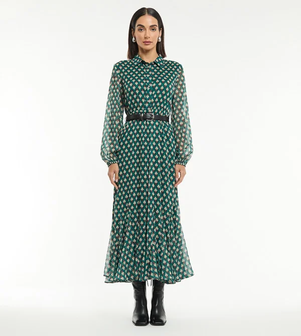 بي سي بي جي BCBG PRINTED SATIN MAXI SHIRT DRESS WITH BELT