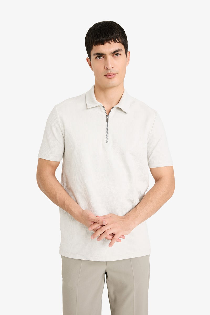 DeFacto Beige Man Regular Fit Zip Collar Short Sleeve Polo T-Shirt Casual - Image 3