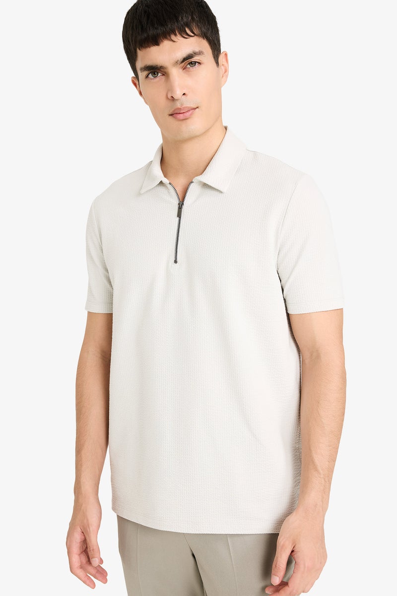 DeFacto Beige Man Regular Fit Zip Collar Short Sleeve Polo T-Shirt Casual - Image 1