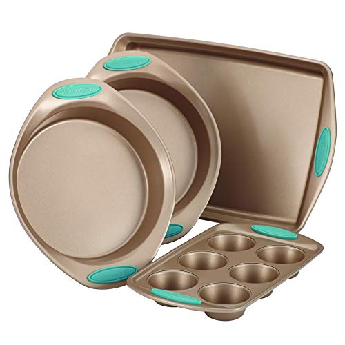 Rachael Ray Cucina Bakeware Set Includes Nonstick Cake Cookie Baking Sheet and Muffin Cupcake Pan, 4 Piece, Latte Brown with Agave Blue Grips - Image 1