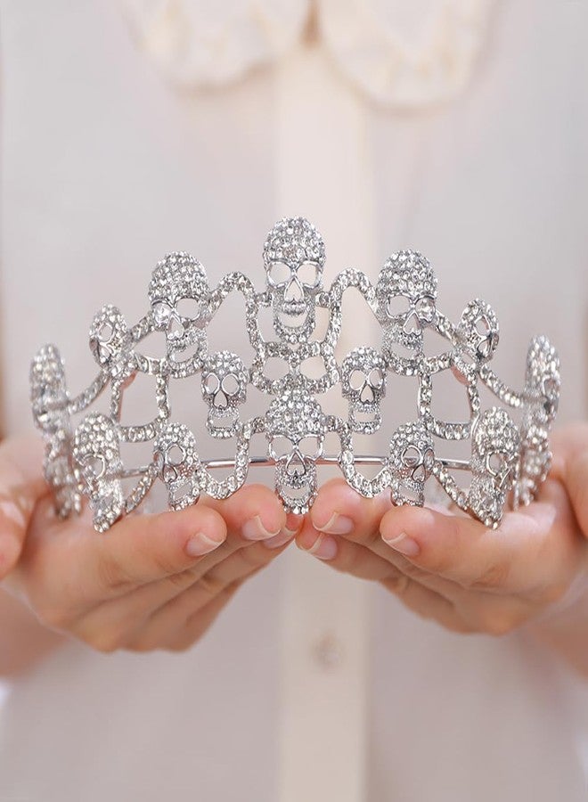 بيريوان طوق رأس على شكل جمجمة من BERYUAN للهالوين، مرصع بأحجار الراين، زي ملكة قوطية، قطعة شعر فضية مرصعة بأحجار الراين على شكل جمجمة، زي تنكري للهالوين للنساء - Image 3