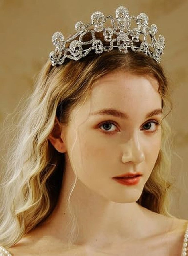 بيريوان طوق رأس على شكل جمجمة من BERYUAN للهالوين، مرصع بأحجار الراين، زي ملكة قوطية، قطعة شعر فضية مرصعة بأحجار الراين على شكل جمجمة، زي تنكري للهالوين للنساء - Image 2