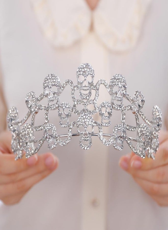 بيريوان طوق رأس على شكل جمجمة من BERYUAN للهالوين، مرصع بأحجار الراين، زي ملكة قوطية، قطعة شعر فضية مرصعة بأحجار الراين على شكل جمجمة، زي تنكري للهالوين للنساء - Image 4