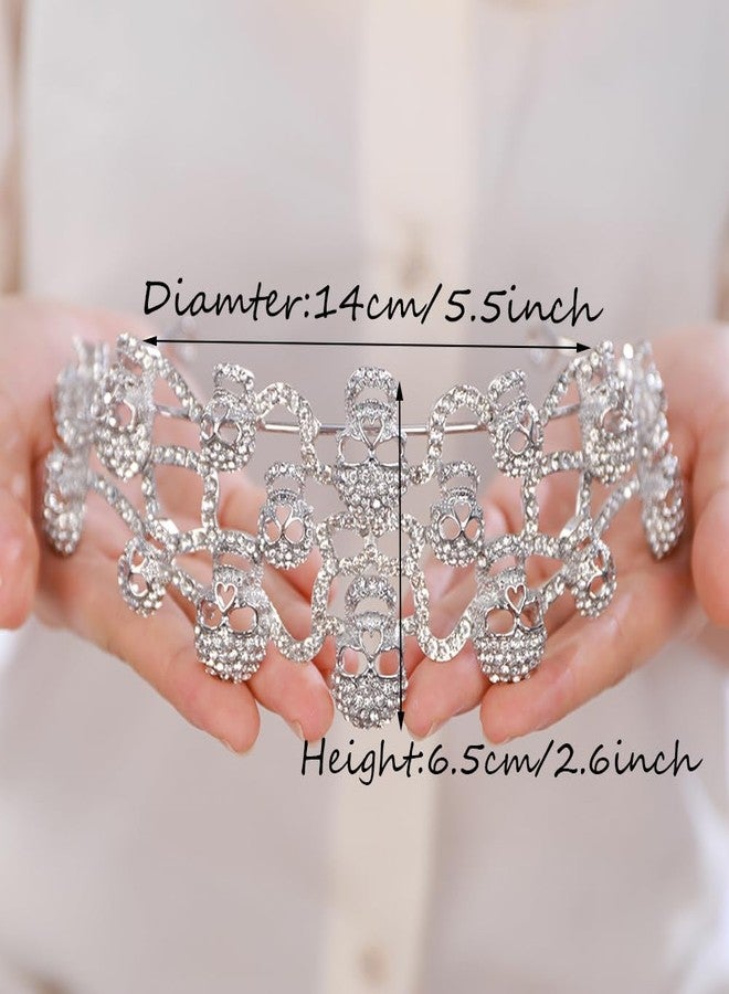 بيريوان طوق رأس على شكل جمجمة من BERYUAN للهالوين، مرصع بأحجار الراين، زي ملكة قوطية، قطعة شعر فضية مرصعة بأحجار الراين على شكل جمجمة، زي تنكري للهالوين للنساء - Image 5