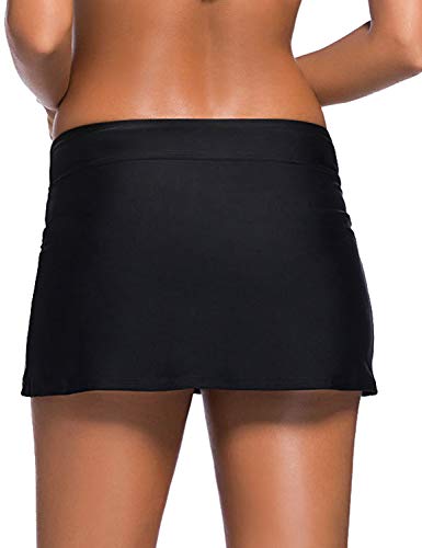 REKITA Women Swim Skirt Solid Color Waistband Skort Bikini Bottom,Large,Black - Image 4