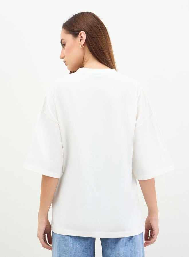 Styli Off White Embroidered Floral Oversized T-Shirt - Image 5