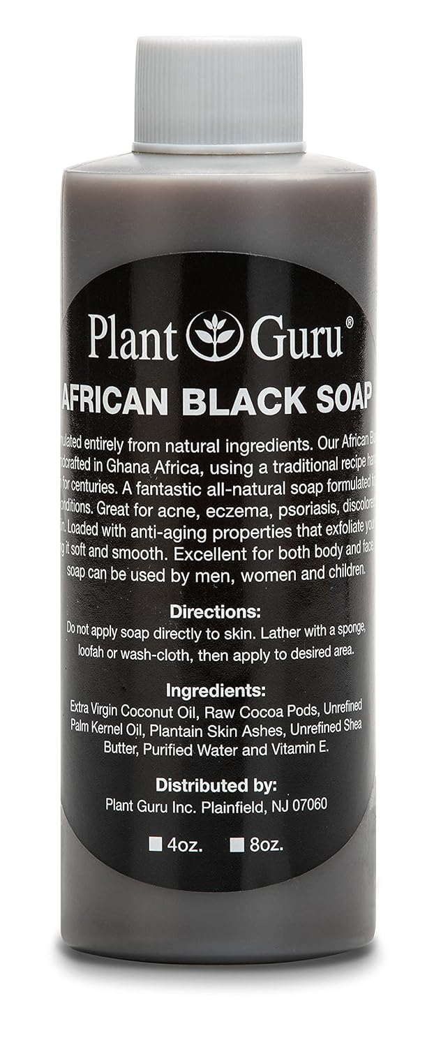 Plant Guru African Black Soap Liquid 4 oz 100 Raw Pure Natural From Ghana Acne Treatment Aids Against Eczema  Psoriasis Dry Skin Scars and Dark Spots Great For Pimples Blackhead Face  Body Wash 
