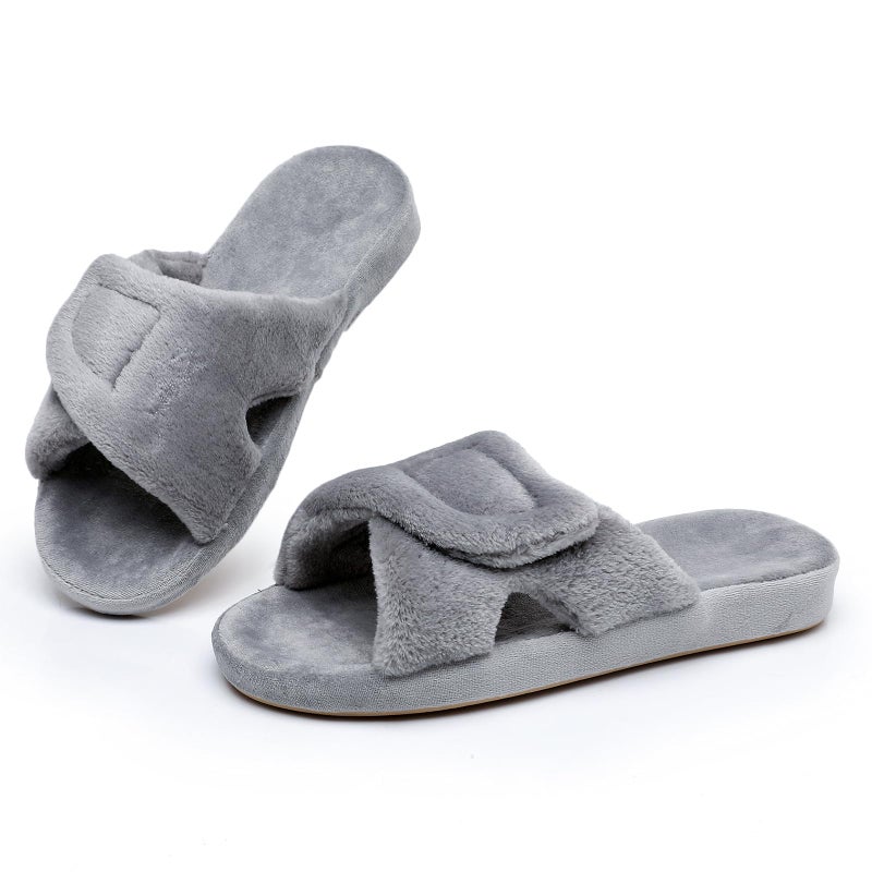Git-up Women's Adjustable Diabetic Slippers Memory Foam House Shoes Cozy Arch Support Orthotic Heel Cup Arthritis Edema Slippers Non Slip Rubber Sole, Open Toe Fuzzy Slide Sandals for Ladies, Grey 9.5/10.5 - Image 1