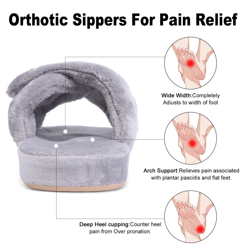 Git-up Women's Adjustable Diabetic Slippers Memory Foam House Shoes Cozy Arch Support Orthotic Heel Cup Arthritis Edema Slippers Non Slip Rubber Sole, Open Toe Fuzzy Slide Sandals for Ladies, Grey 9.5/10.5 - Image 3