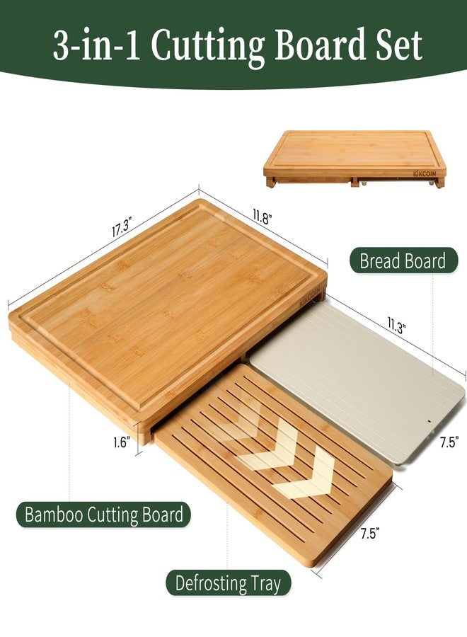 Kikcoin Bamboo Cutting Board Set with Defrosting Tray, Wood Cutting Boards for Kitchen with Deep Juice Grooves & Built-in Organizer Meal Prep Charcuterie& Chopping Board for Meat, Vegetables and Bread - Image 2