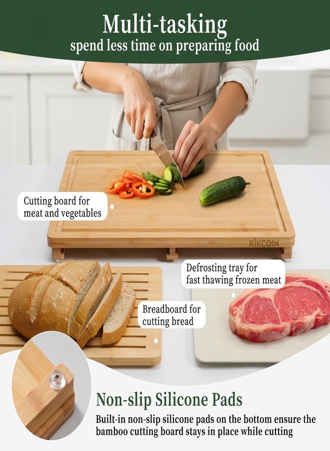 Kikcoin Bamboo Cutting Board Set with Defrosting Tray, Wood Cutting Boards for Kitchen with Deep Juice Grooves & Built-in Organizer Meal Prep Charcuterie& Chopping Board for Meat, Vegetables and Bread - Image 3