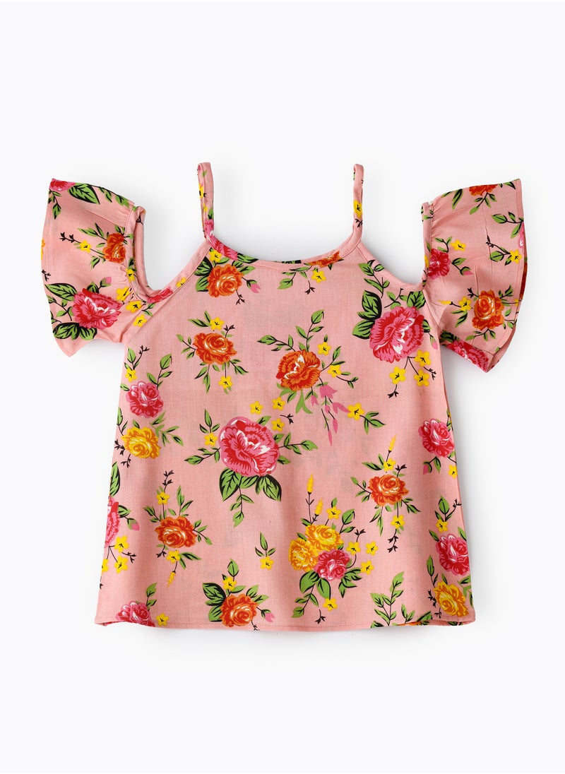 Jelliene Girls' Pink Floral Cold Shoulder Top  - Image 2