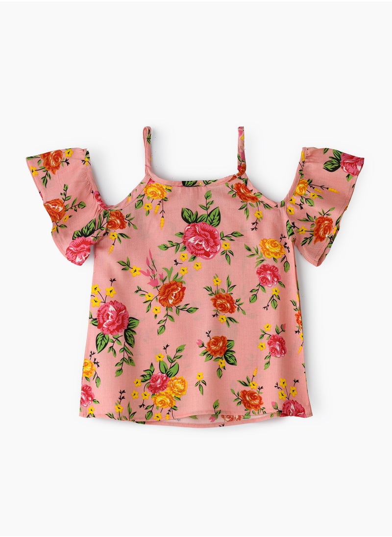 Jelliene Girls' Pink Floral Cold Shoulder Top  - Image 1