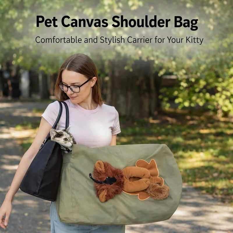 Pet Canvas Shoulder Bag, Breathable Adjustable Cat Carrier Bag, Light Green 44x40cm - Lightweight Portable Design, Escape Proof, Ideal for Travel and Camping (L) - Image 4