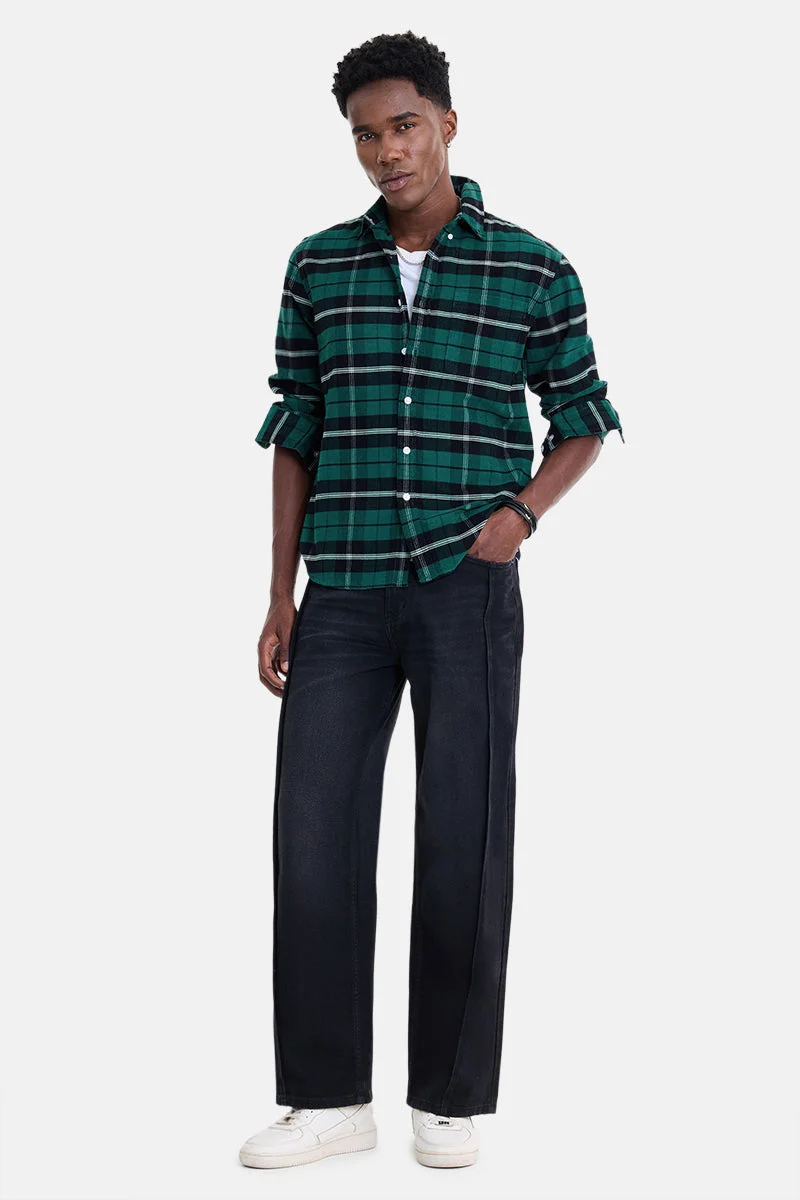 سنيتش Dark Green Checkered Long Sleeve Regular Fit Shirt