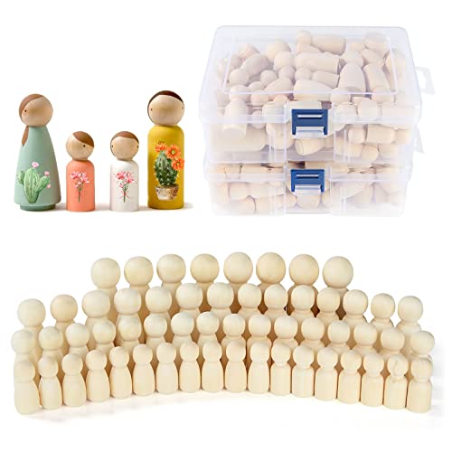 JMIATRY 100PCS Wooden Peg People Wooden Peg Dolls Unfinished Wooden People Figures With Storage Case Pegs Dolls Family Woodens Peoples for Craft Art Projects and Decoration 8 Size13 to 256 inches