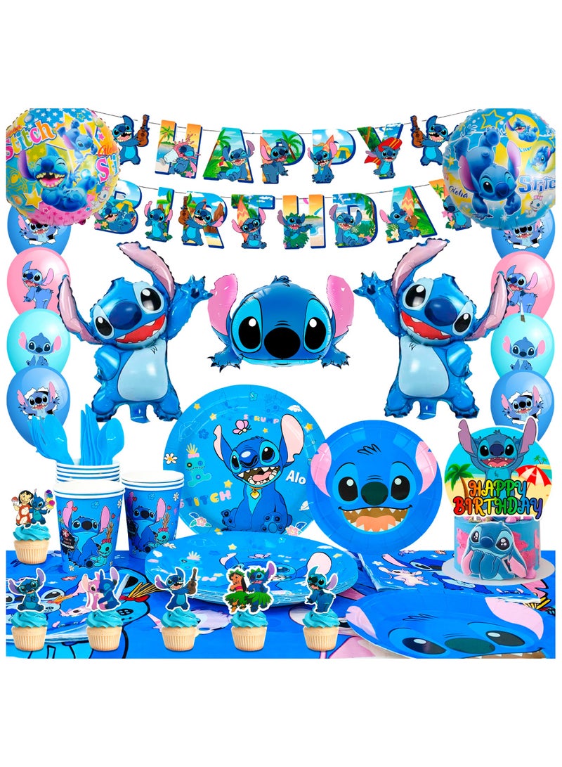 FRUITFUL PARTY Stitch Party Decorations for 10 Guests, Stitch Birthday Party Disposable Tableware Stitch Themed Party Plates Balloons Banner Tablecloth - Image 1