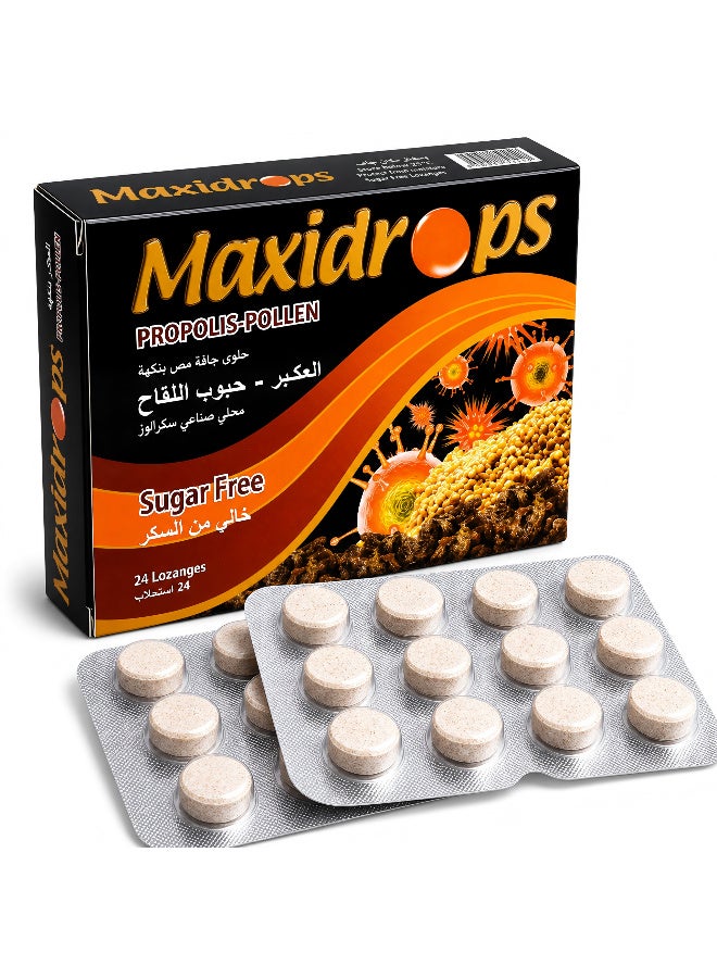 Maxidrops Propolis & Pollen Lozenges with Vitamin C & Peppermint Oil, Sugar-Free, Natural Honey & Lemon Flavor, 24 Lozenges - Image 1