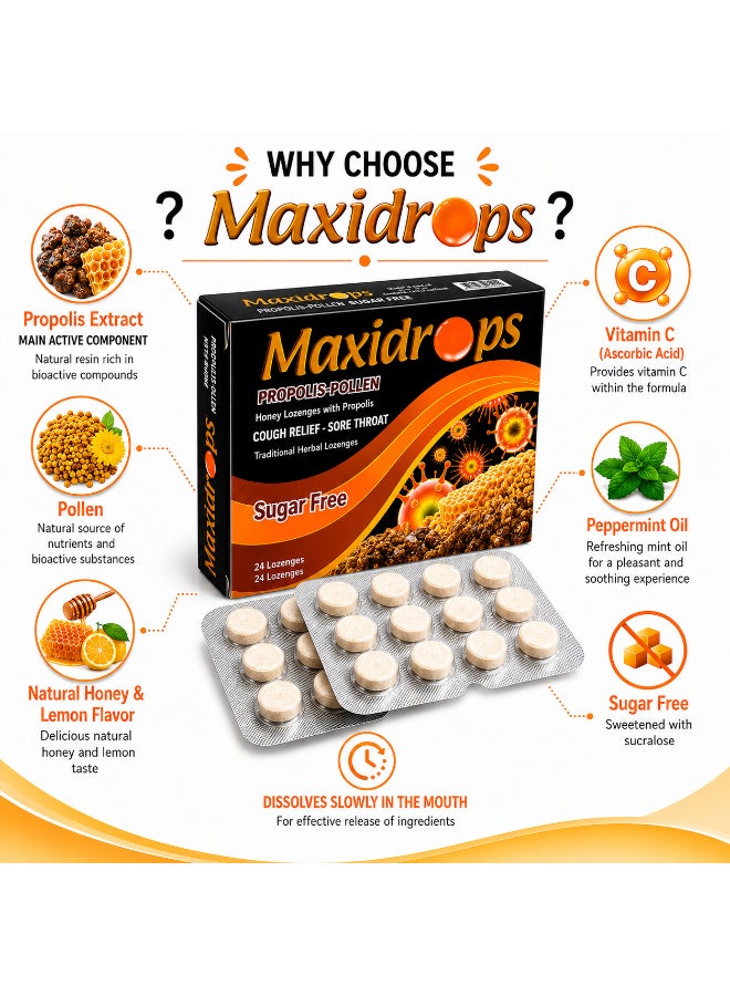Maxidrops Propolis & Pollen Lozenges with Vitamin C & Peppermint Oil, Sugar-Free, Natural Honey & Lemon Flavor, 24 Lozenges - Image 3