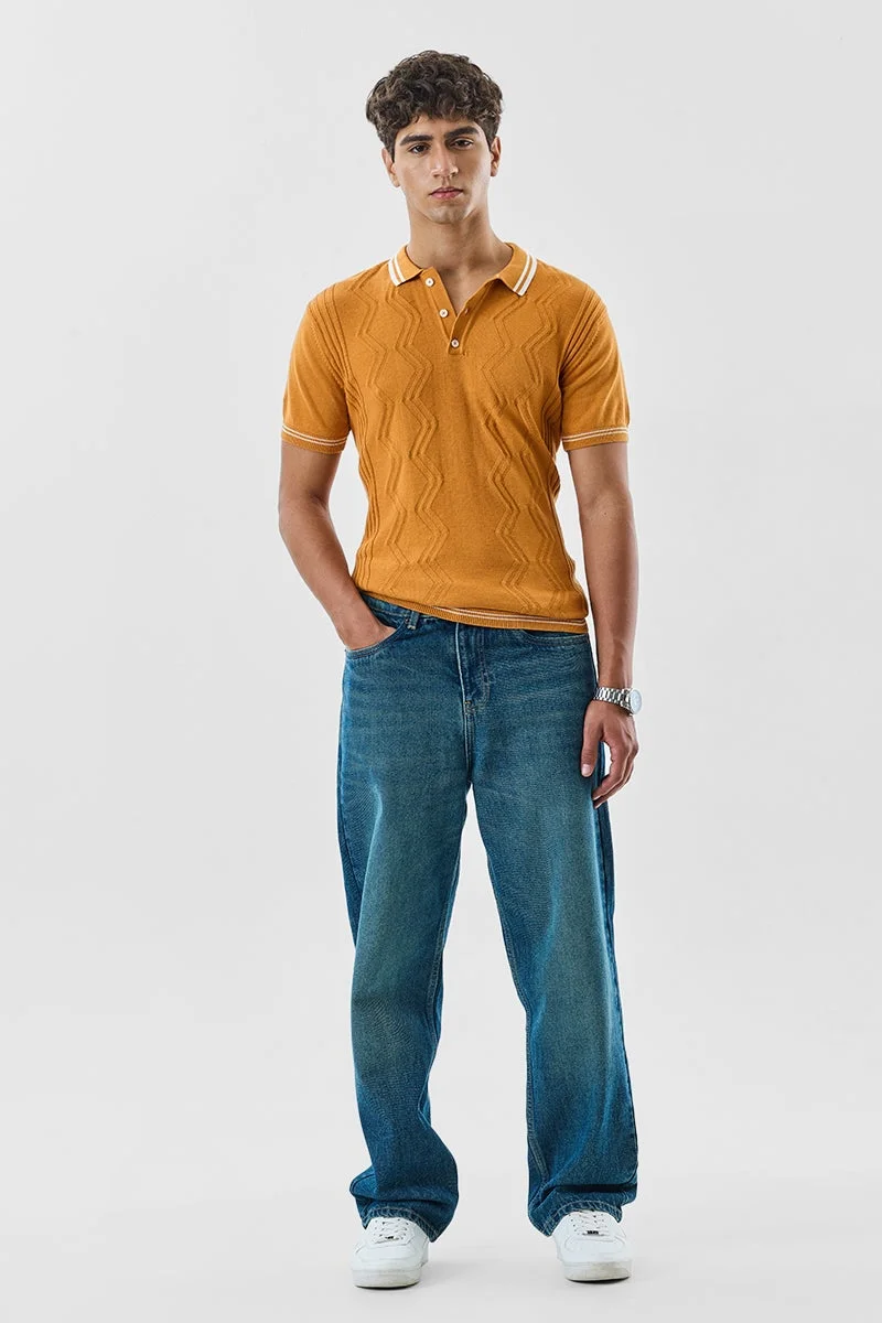 SNITCH Mustard Textured Half Sleeve Slim Fit T-Shirt