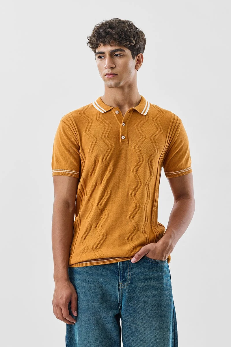 SNITCH Mustard Textured Half Sleeve Slim Fit T-Shirt
