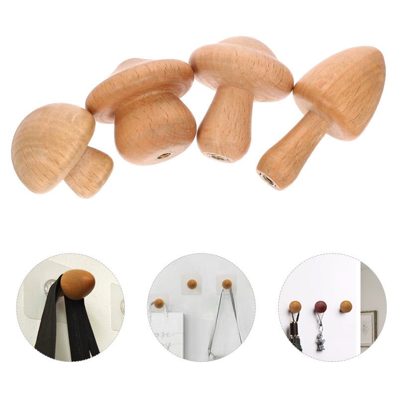 4pcs Mushroom Coat Hook Nail Free Wood Hook Mushroom Wall Hook Hanger - Image 3