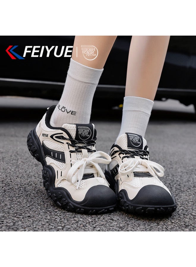 Feiyue Official Women's Sports Shoes  Spring New Versatile Thick-soled Dad Sneakers Women Beige Black Size 39 - Image 3