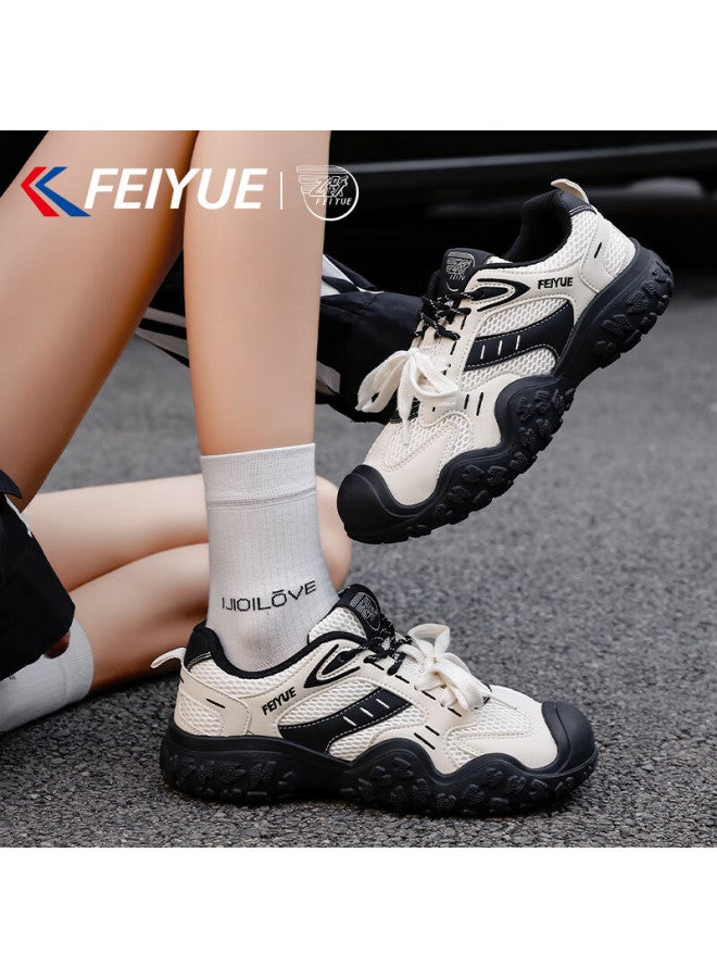 Feiyue Official Women's Sports Shoes  Spring New Versatile Thick-soled Dad Sneakers Women Beige Black Size 39 - Image 1