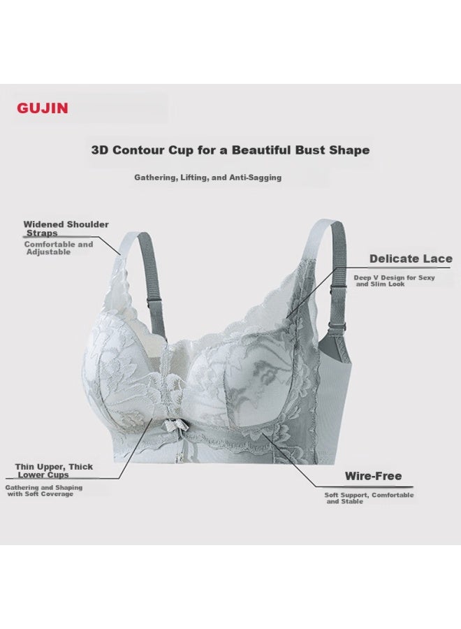 Gujin Sweet Style Lace Lightweight Wireless Women's Bra Small Bust Push-up Support Side Breast Collection - Image 3