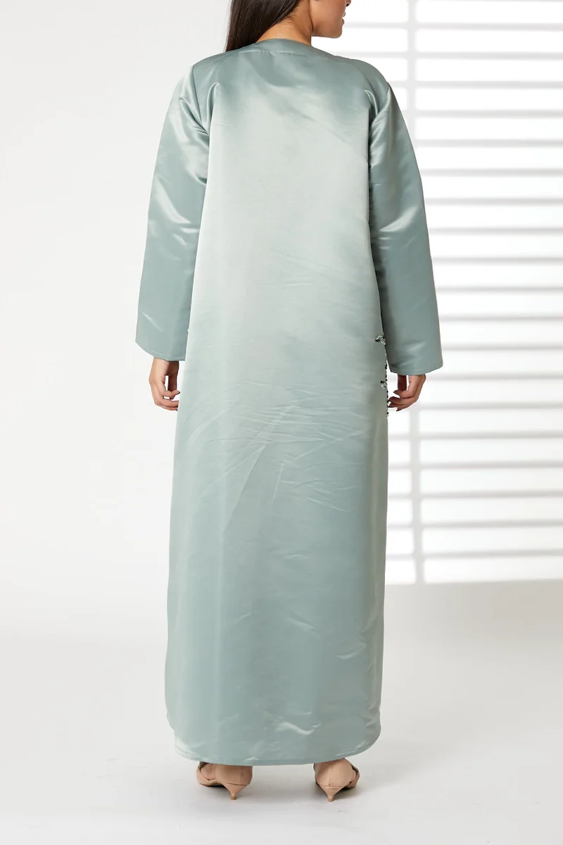 Moistreet  Embroidered V-Neck  Satin Split Cuffs Abaya for Women | Best Price UAE