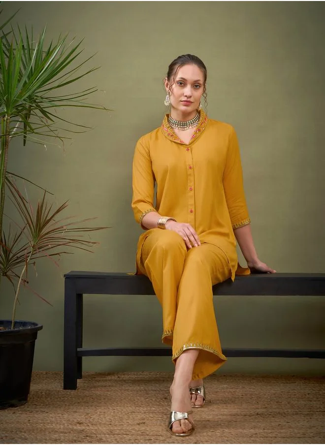 SASSAFRAS Shawl Collar Embroidered Shirt & Palazzo Set by Styli