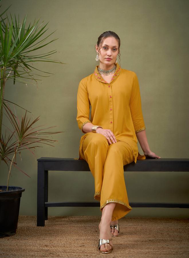 SASSAFRAS Shawl Collar Embroidered Shirt & Palazzo Set by Styli - Image 2