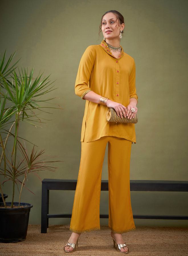 SASSAFRAS Shawl Collar Embroidered Shirt & Palazzo Set by Styli - Image 1