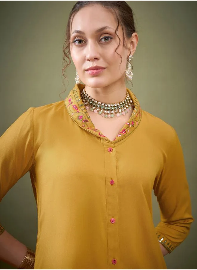SASSAFRAS Shawl Collar Embroidered Shirt & Palazzo Set by Styli