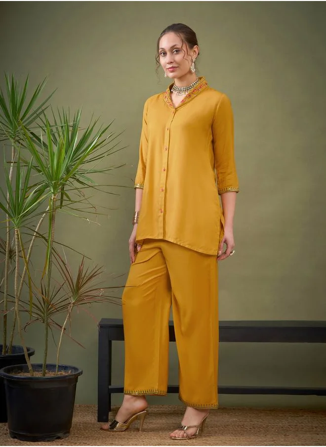 SASSAFRAS Shawl Collar Embroidered Shirt & Palazzo Set by Styli