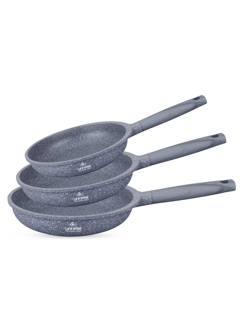 Life Smile Non-Stick Frying Pan Set 3PCS (20cm, 24cm, 28cm) Induction Base | Granite Coating | Even Heat Cooking | bakelite Handle - Image 1