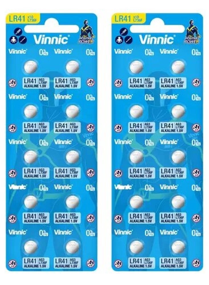 Vinnic 20-Pieces Vinnic AG3 (L736F) (LR41) Alkaline 0%Hg 1.5V Batteries - Image 1