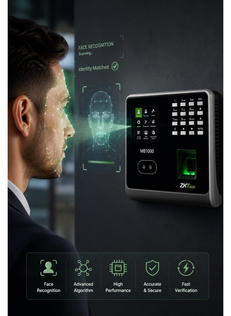زد كيه تيكو جهاز حضور وانصراف وتحكم بالدخول MB1000 ببصمة الوجه وبصمة الإصبع BioID وبطاقات RFID – شاشة TFT ملونة 2.8 بوصة – سعة 2000 وجه و3000 بصمة - Image 2